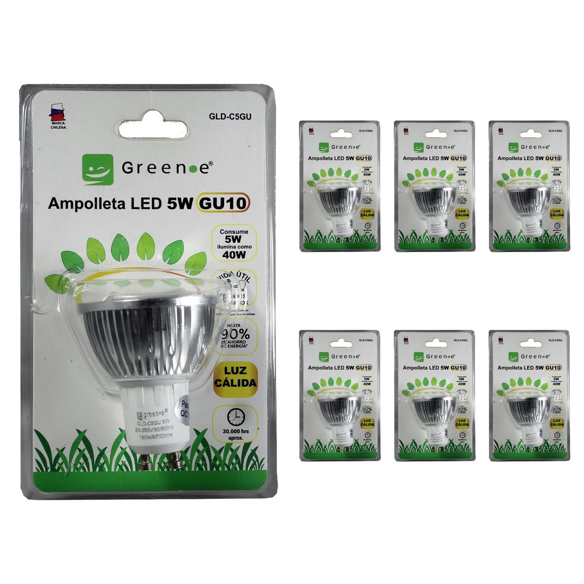 GREEN E - Ampolleta LED 5W GU10 Cálida x 6 UNI