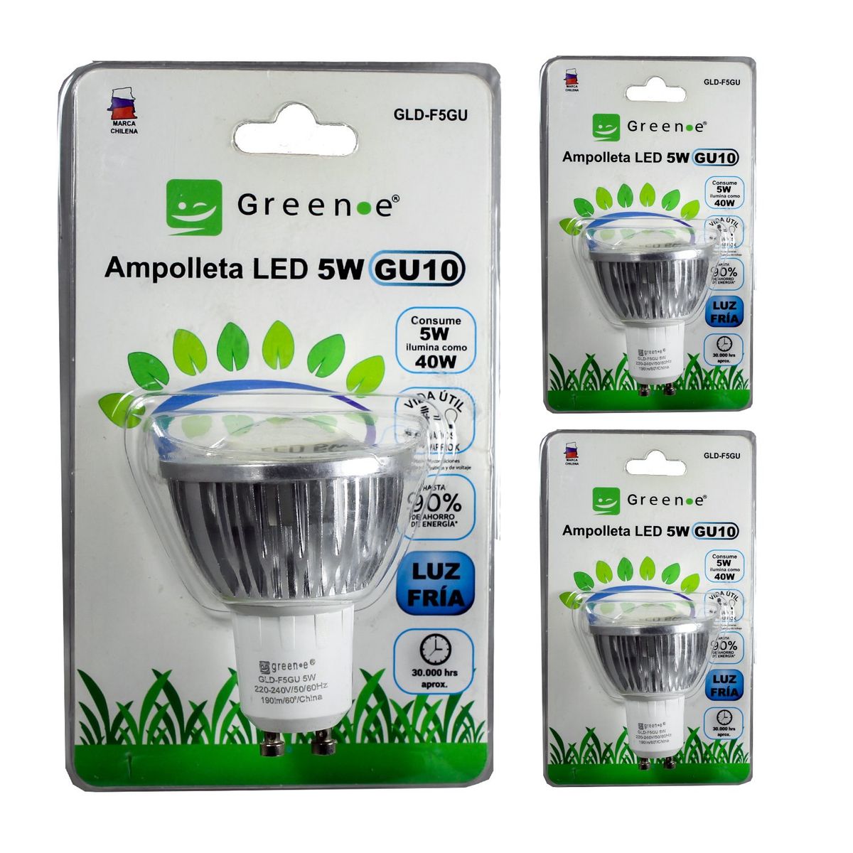 GREEN E - Ampolleta LED 5W GU10 Fría  x3 UNI