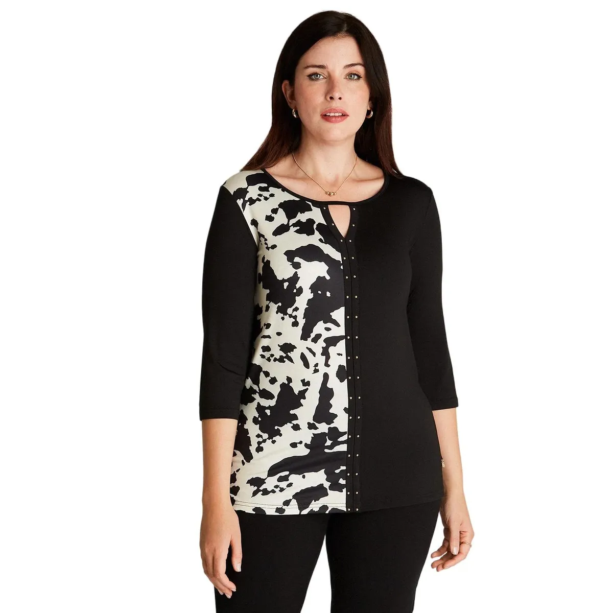 LORENZO DI PONTTI - Polera Negro Manga 3,4 Estampado Cuello Redondo