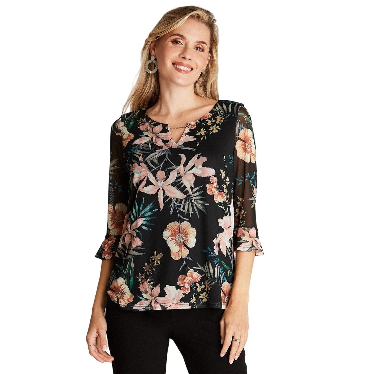 LORENZO DI PONTTI - Polera Negro Manga Larga Estampado Cuello V