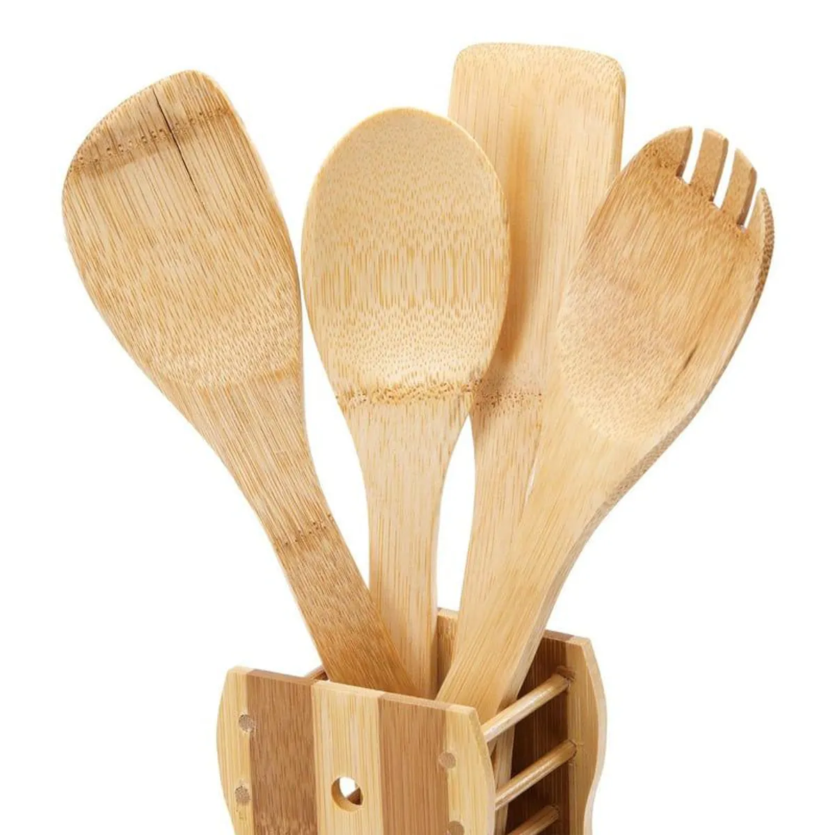 OEM - Juego Utensilios Madera Con Soporte Base 4 Piezas Cocina