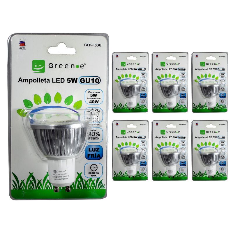 GREEN E - Ampolleta LED 5W GU10 Fría  x6 Unidades