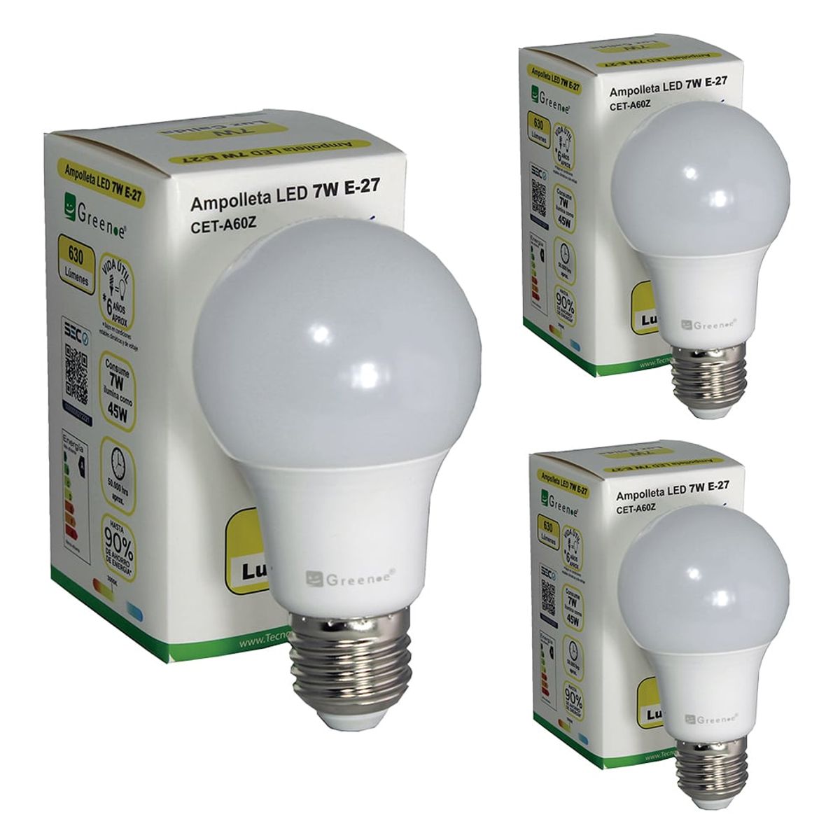 GREEN E - Ampolleta LED 7W  E27 Luz Cálida x3 Unidades