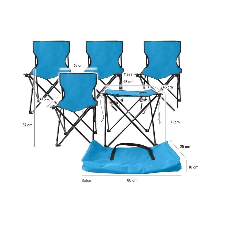 GENERICO - Juego De Mesa + 4 Sillas Plegables Camping Portavasos