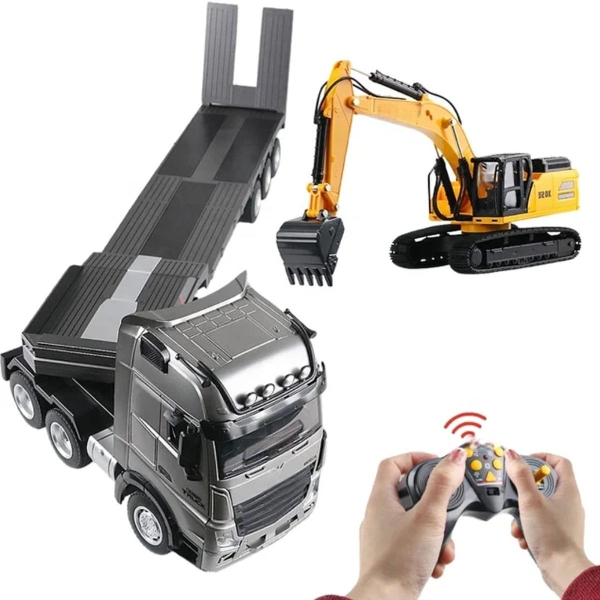 GENERICO - RETROEXCAVADORA CON CAMION  CON RAMPA CONTROL REMOTO 9 CANALES
