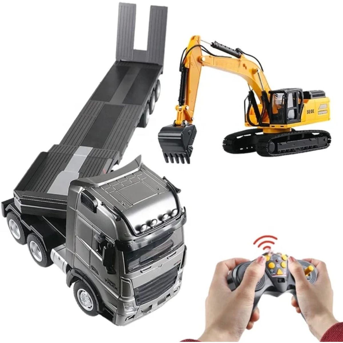 GENERICO - RETROEXCAVADORA CON CAMION  CON RAMPA CONTROL REMOTO 9 CANALES