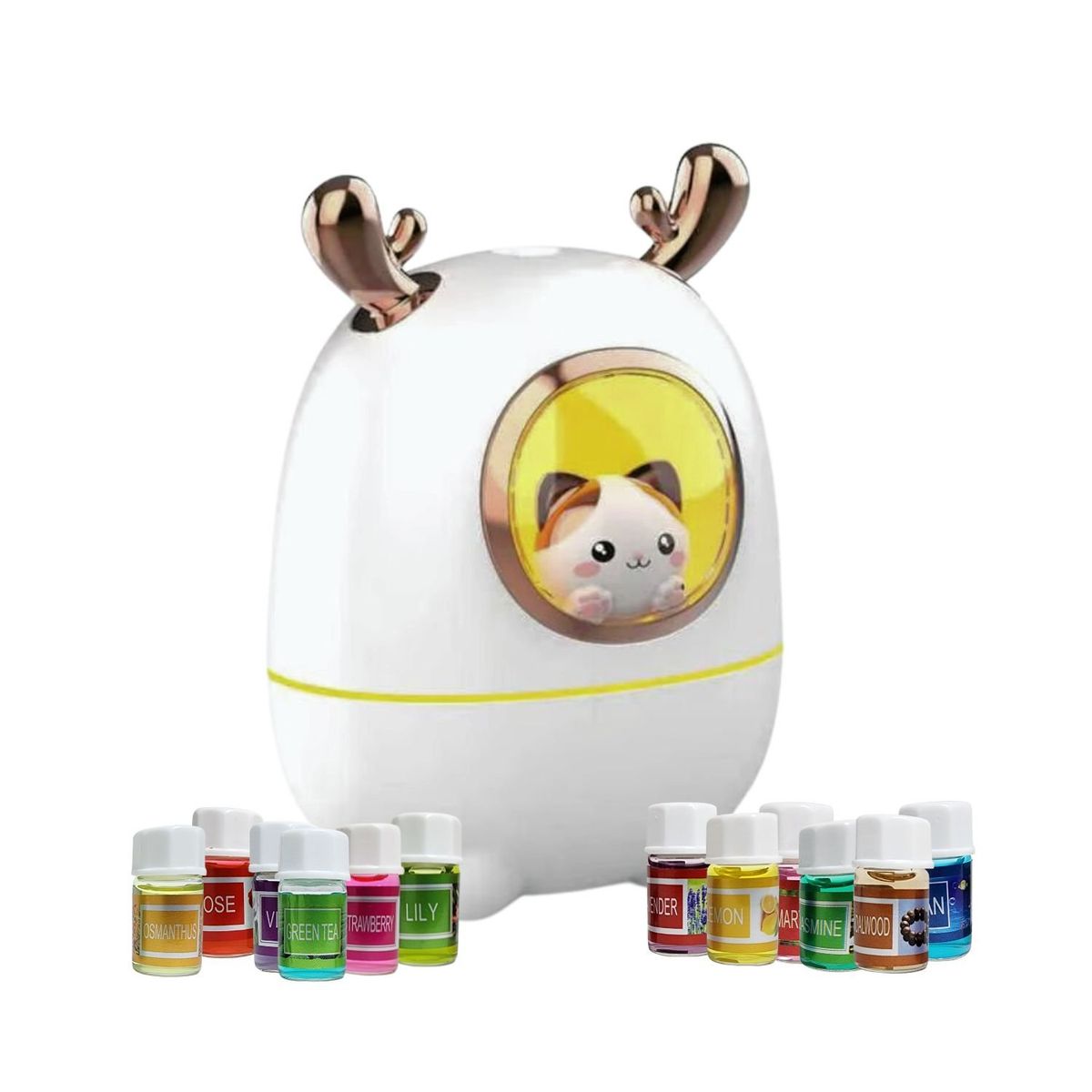 GENERICO - Pack Humidificador Nave Espacial Gato + 12 Esencias Aromaticas
