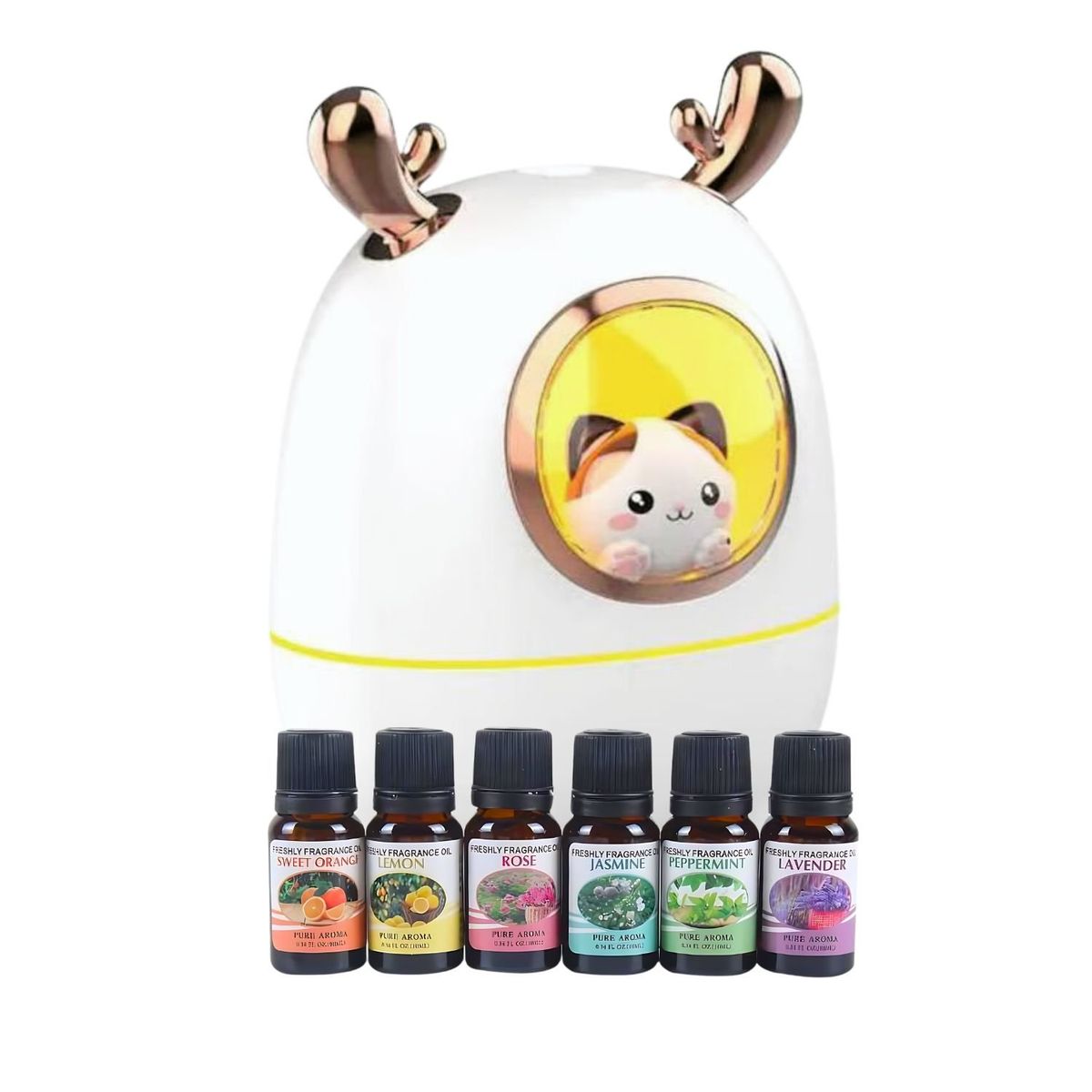 GENERICO - Pack Humidificador Nave Espacial Gato + 6 Esencias Aromaticas