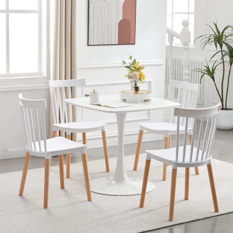 PANDALINO - Comedor Mesa Tulip Cuadrada 90x90 + 4 Sillas Windsor Blanca - Moderno y Elegante