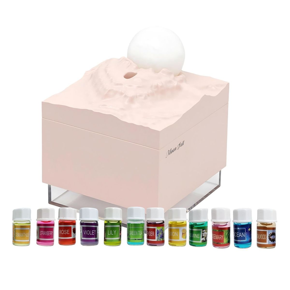 GENERICO - Pack Humidificador Diseño Luna Rosa + 12 Esencias Aromaticas