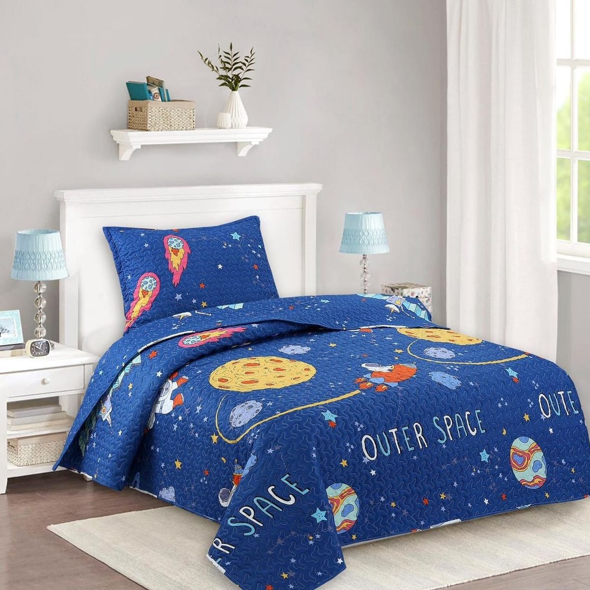 GENERICO - CUBRECAMA AZUL 1.5 PLAZA CON DISEÑO ESPACIAL QUILT DELGADO DE ALGODON