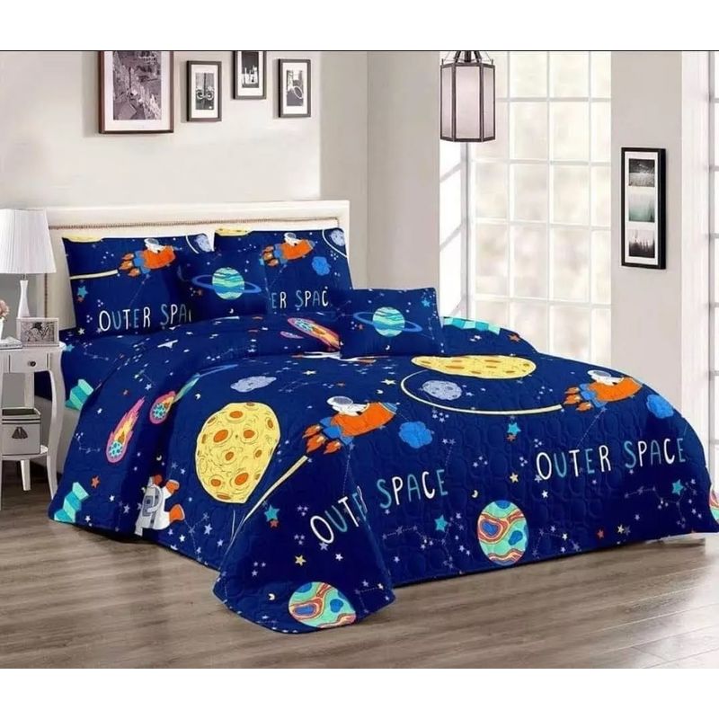 GENERICO - CUBRECAMA AZUL 1.5 PLAZA CON DISEÑO ESPACIAL QUILT DELGADO DE ALGODON