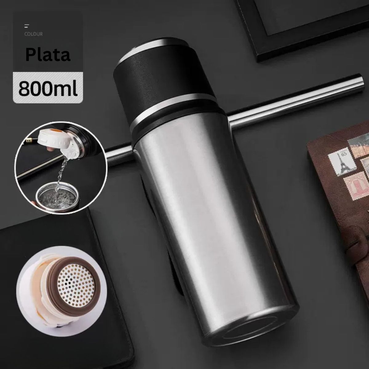 HOMESTAR - Botella Térmica de Acero Inoxidable Color Plateado 800ml