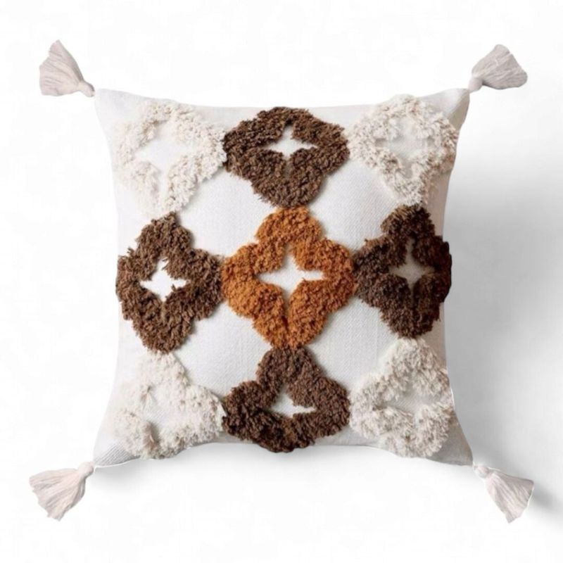 GENERICO - Funda Para Cojín Diseño Boho Lino Bordado Flecos 45x45cm - Multicolor
