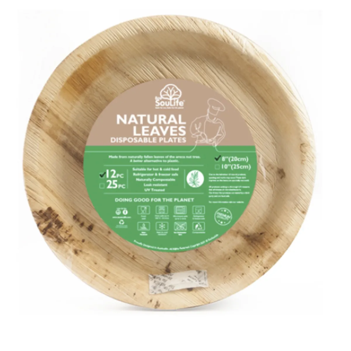 ECOSOULIFE - 25 Platos Ecológicos Hoja De Palma 100% Compostable 20Cms de Diámetro