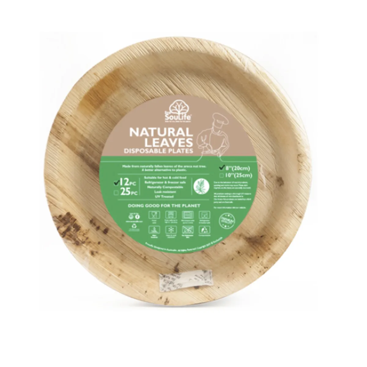 ECOSOULIFE - 25 Platos Ecológicos Hoja De Palma 100% Compostable 20Cms de Diámetro