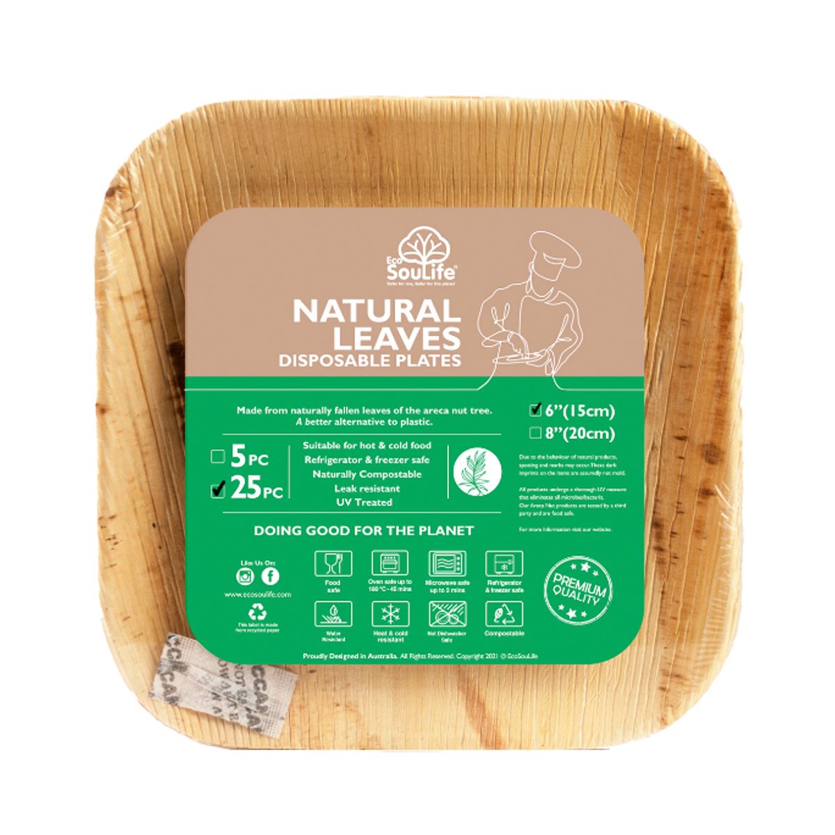 ECOSOULIFE - 25 Platos Ecológicos Cuadrados Hoja de Palma 15 x 15 cms Compostables