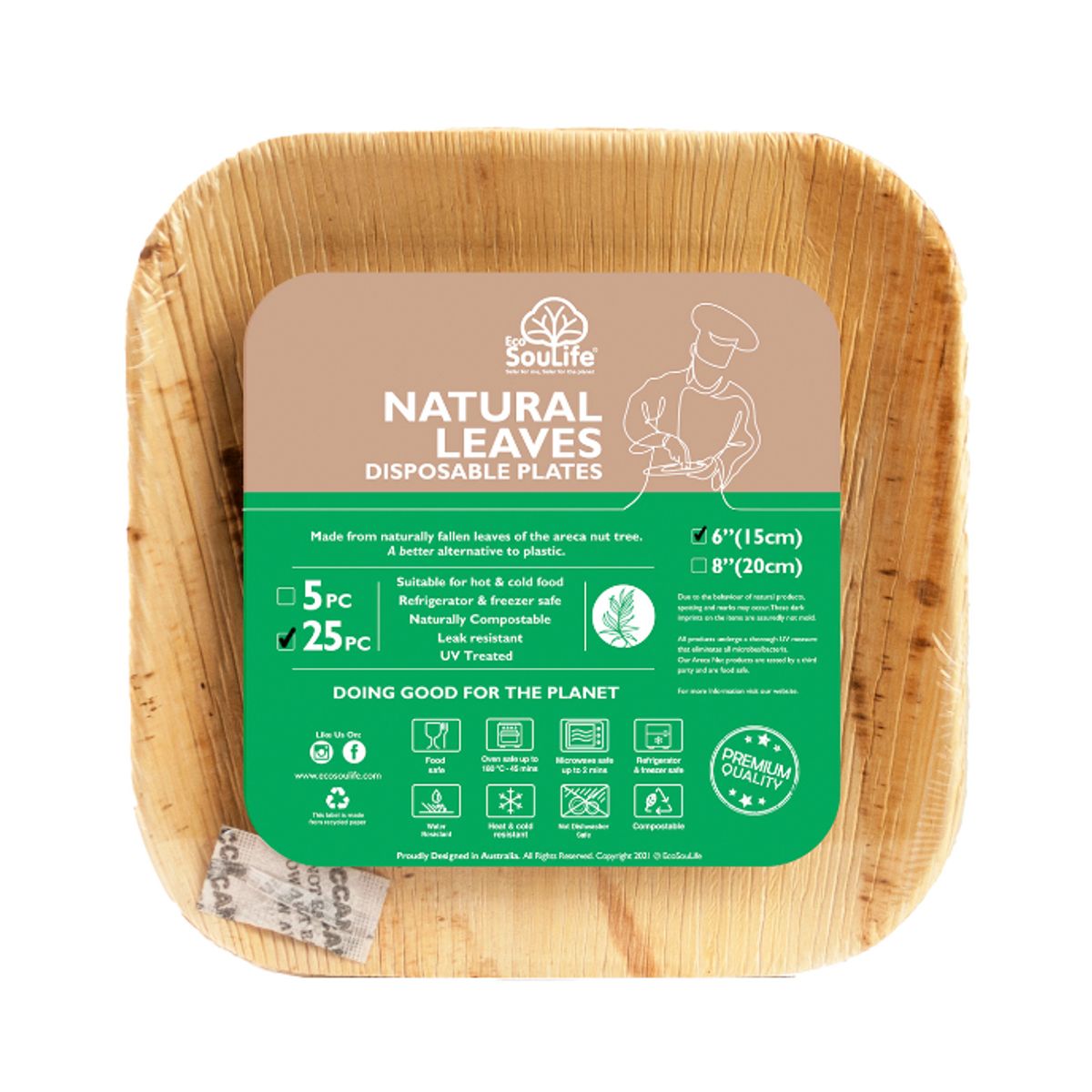 ECOSOULIFE - 25 Platos Ecológicos Cuadrados Hoja de Palma 15 x 15 cms Compostables