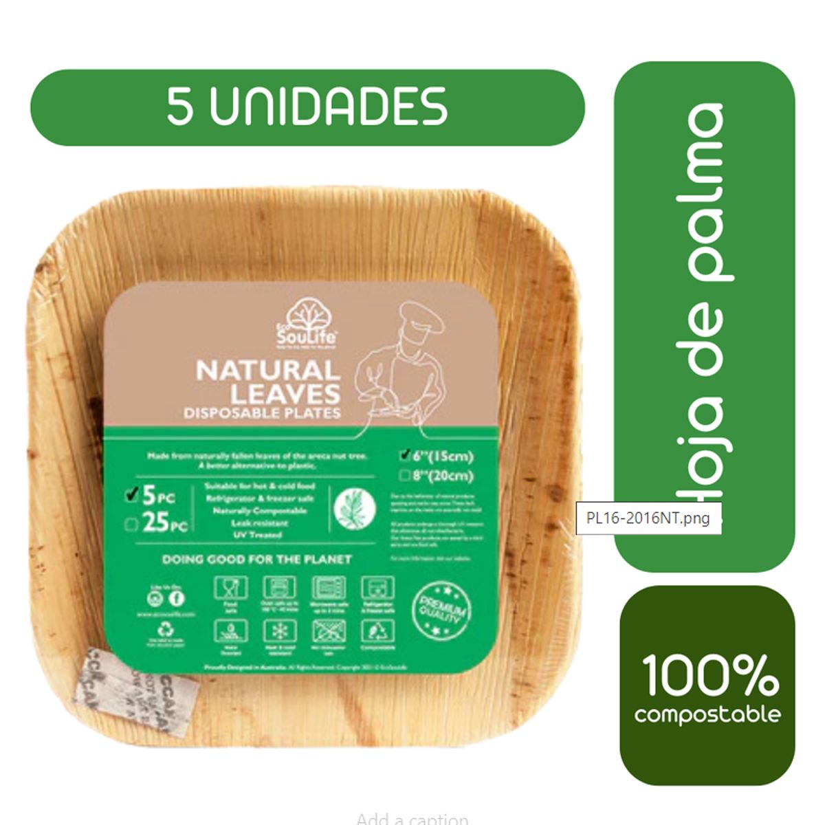 ECOSOULIFE - Pack 5 Platos Ecológicos Cuadrado Hoja de Palma 15x15 cms Compostables