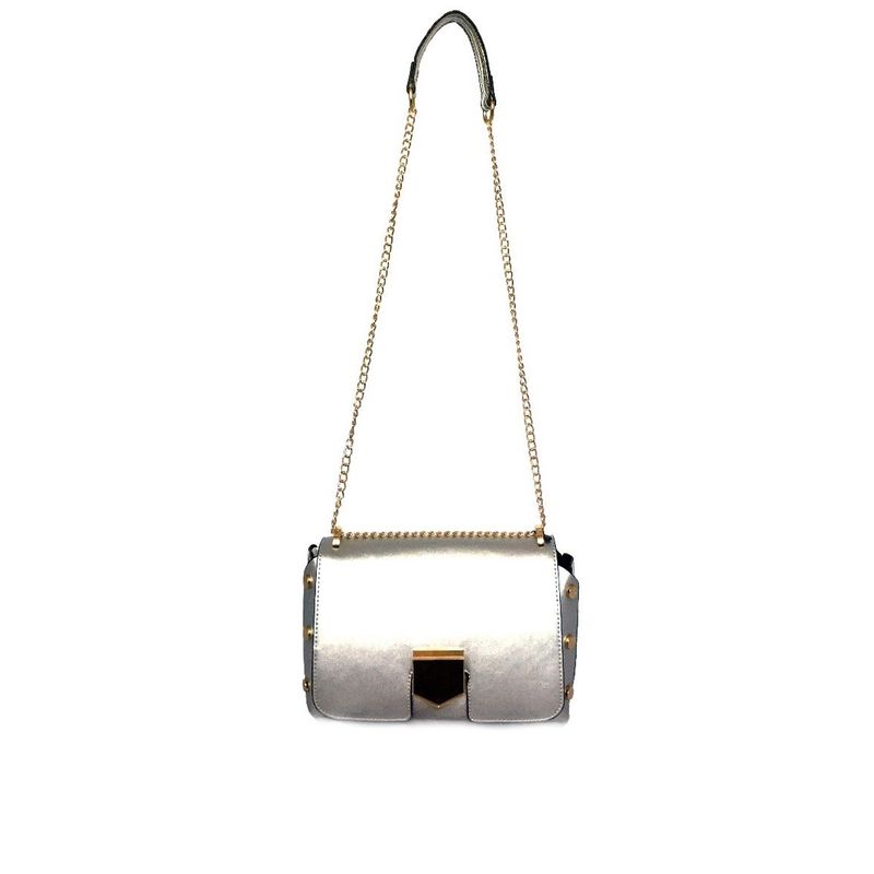 VANE COLLECTION - Cartera mujer plateada de diseño inpirado con cadena dorada cruzada