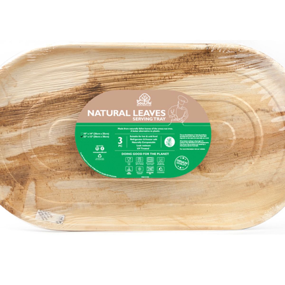 ECOSOULIFE - Set De 3 Bandejas 55x30cms Hoja De Palma 100%Biodegradable Compostable