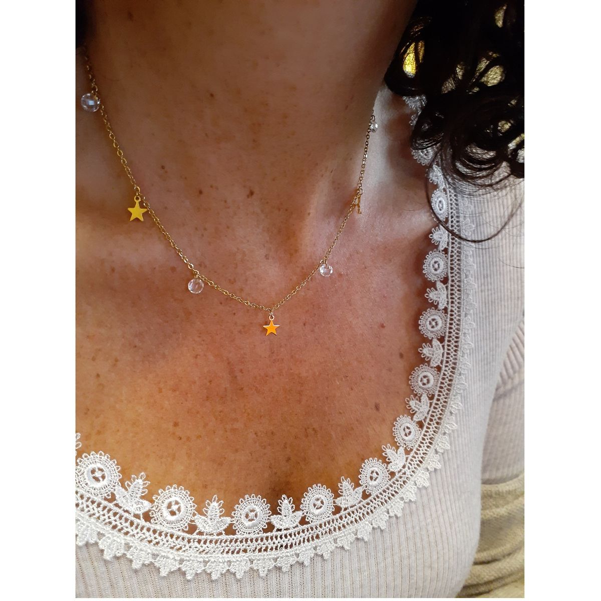 VANE COLLECTION - Cadena corta mujer estrellas y circones acero baño oro dorada
