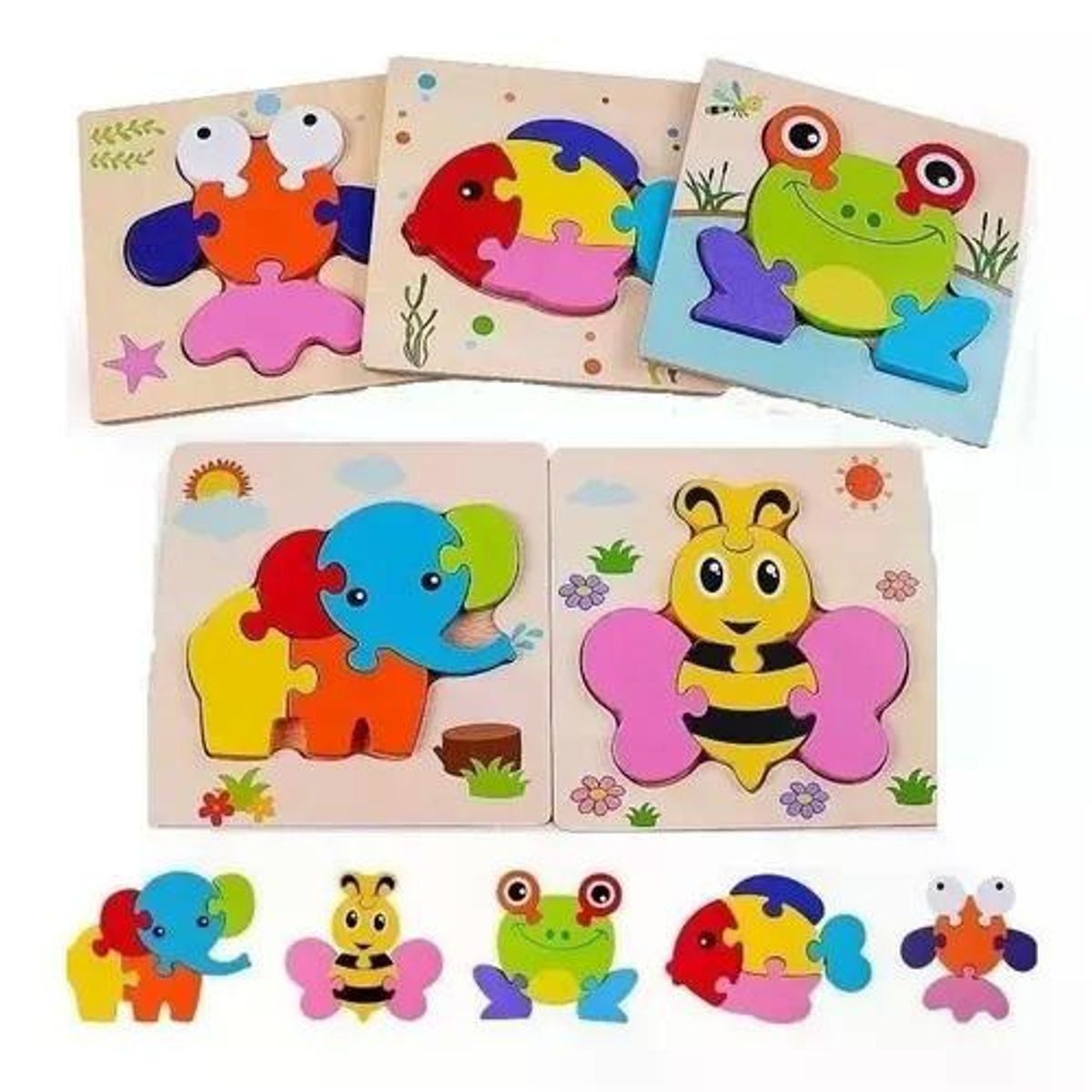 TOLIPA - Puzzle pack 4 de madera pato mariposa león pez auto