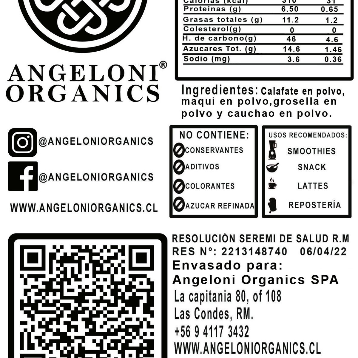 ANGELONI ORGANICS - Calafate + Maqui + Grosella + Cauchao Frutos Patagonia 100gr