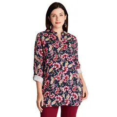 CURVI - Blusa Azul Estampado Floral Cuello Camisero