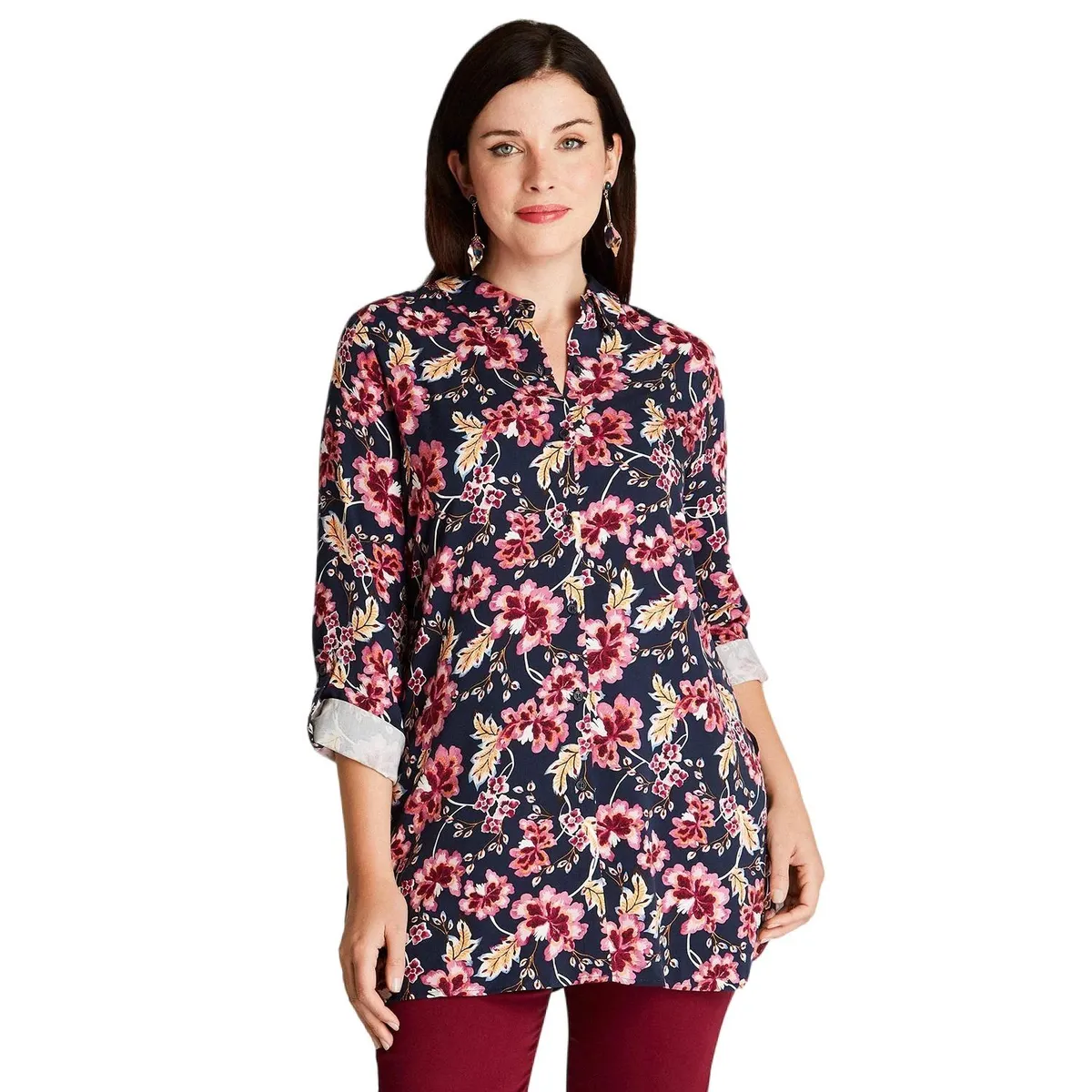 CURVI - Blusa Azul Estampado Floral Cuello Camisero