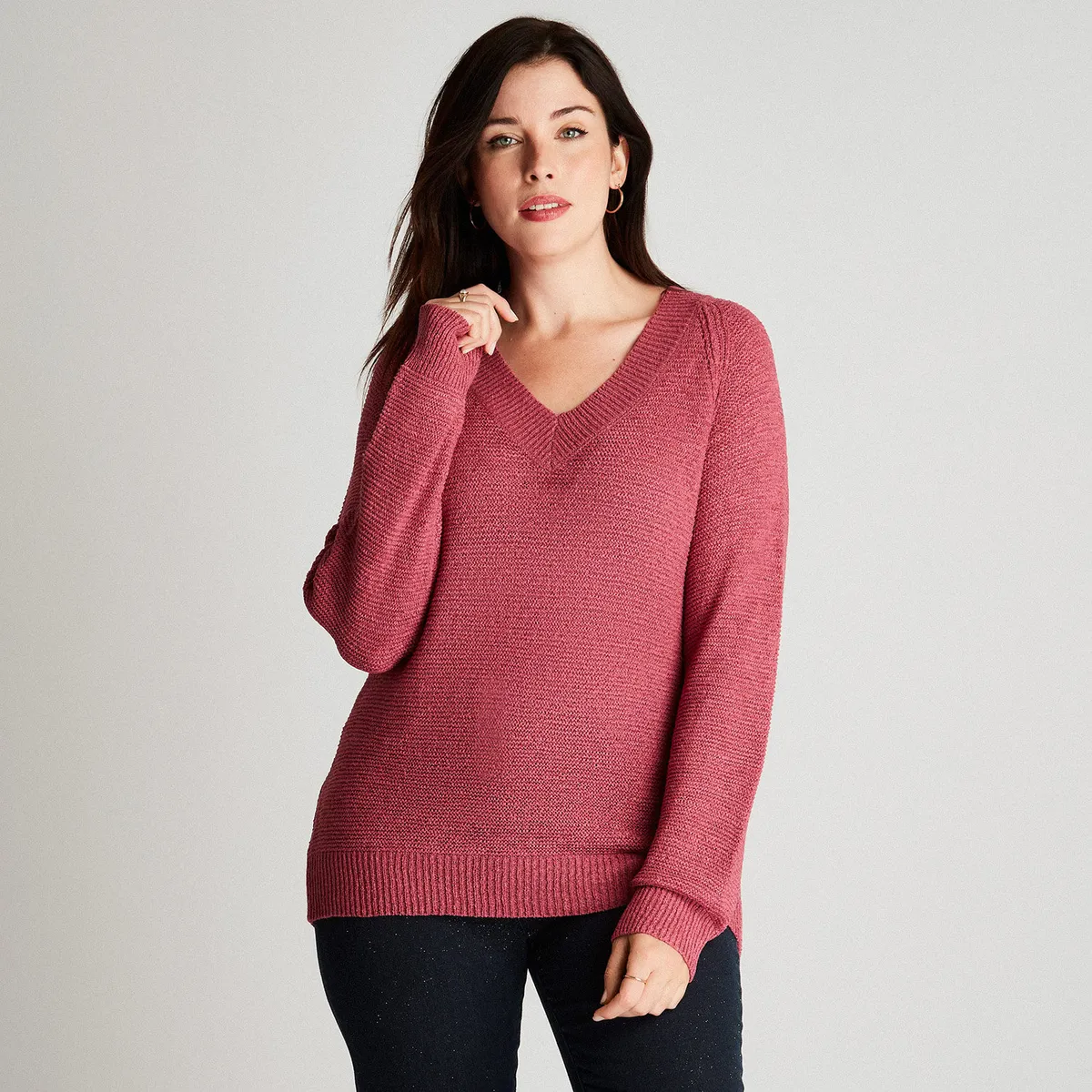 CURVI - Sweater Magenta Manga Larga Cuello V CURVI