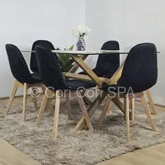 CORI CORI - Comedor Medlock Vidrio 140x90cm + 6 Sillas Capitonne Velvet Negro