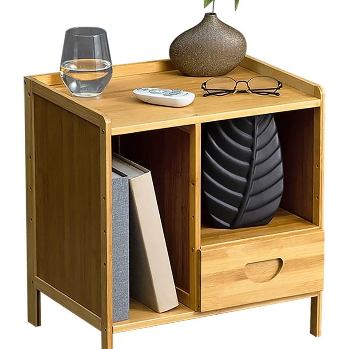 BJ HOGAR - Velador 2 Niveles Con Cajon Mesita Bambú Mesa Lateral con 1 Cajón