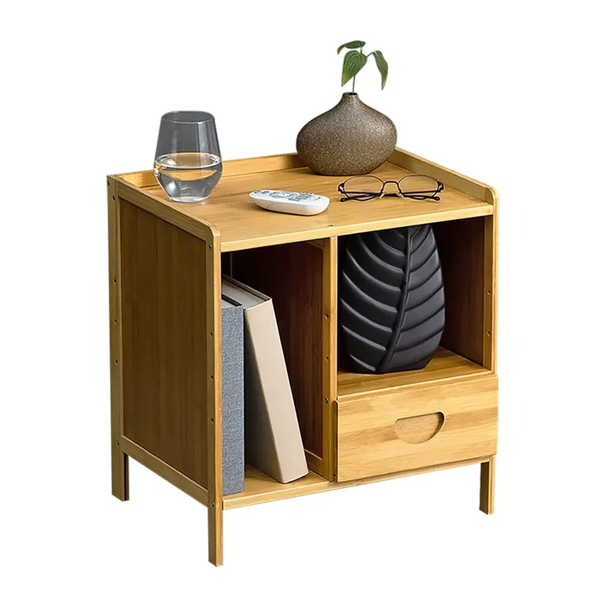BJ HOGAR - Velador 2 Niveles Con Cajon Mesita Bambú Mesa Lateral con 1 Cajón