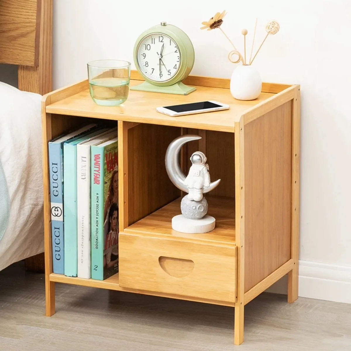 BJ HOGAR - Velador 2 Niveles Con Cajon Mesita Bambú Mesa Lateral con 1 Cajón
