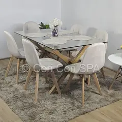 CORI CORI - Comedor Medlock Vidrio 140x90cm + 6 Sillas Capitonne Velvet Beige