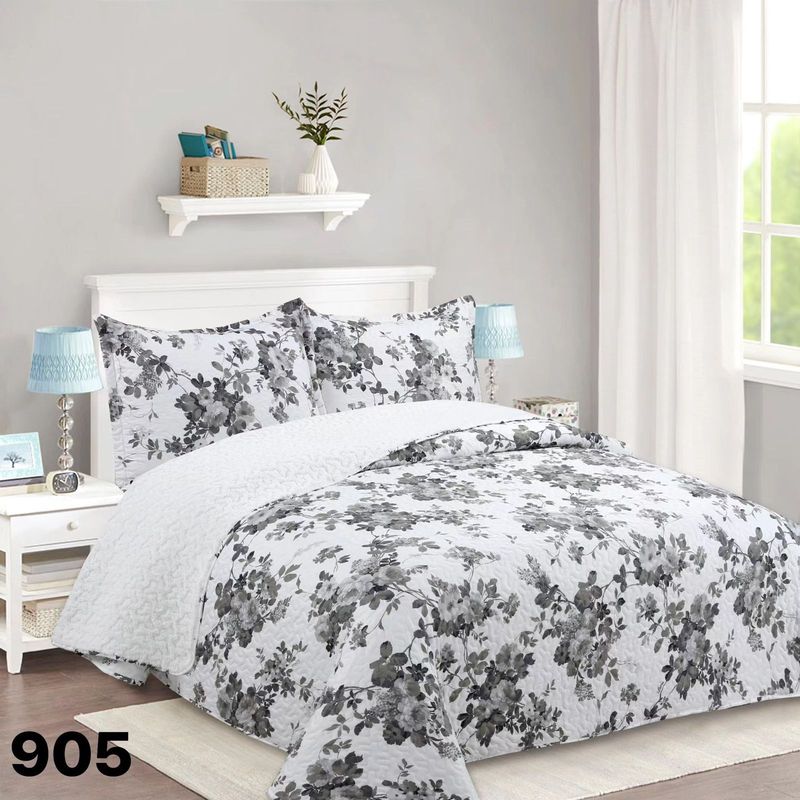 GENERICO - Cubrecama Quilt Sherpa King - Blanco Rosas Grises M905