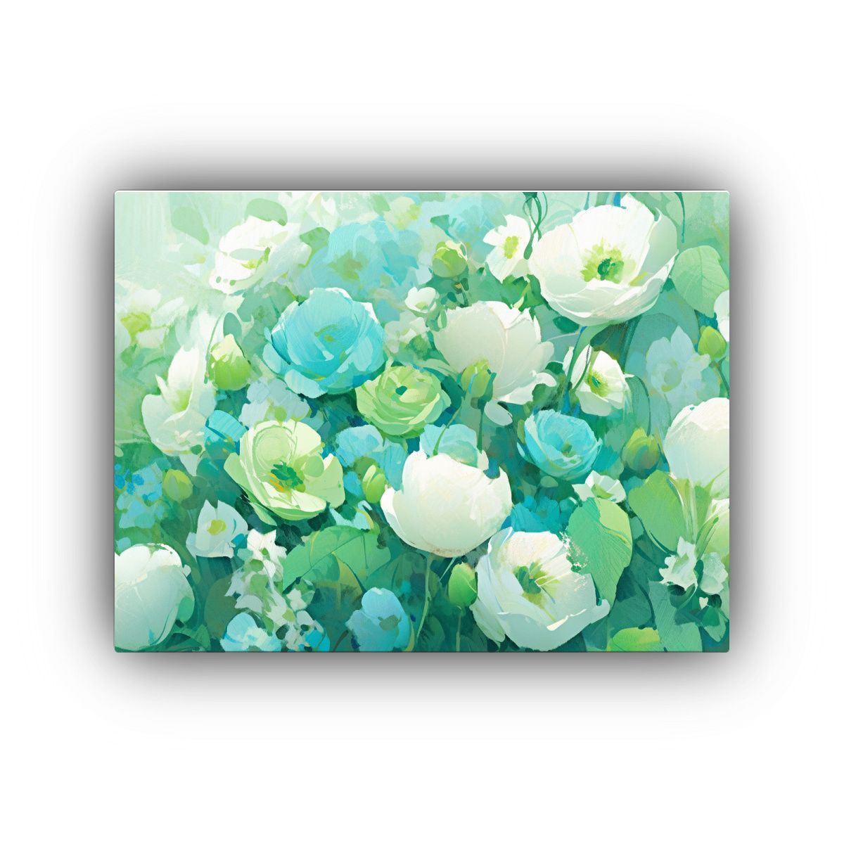 GENERICO - Cuadro De Flores Verde Y Cian En Tela Con Bastidor Impactan 120x80cm