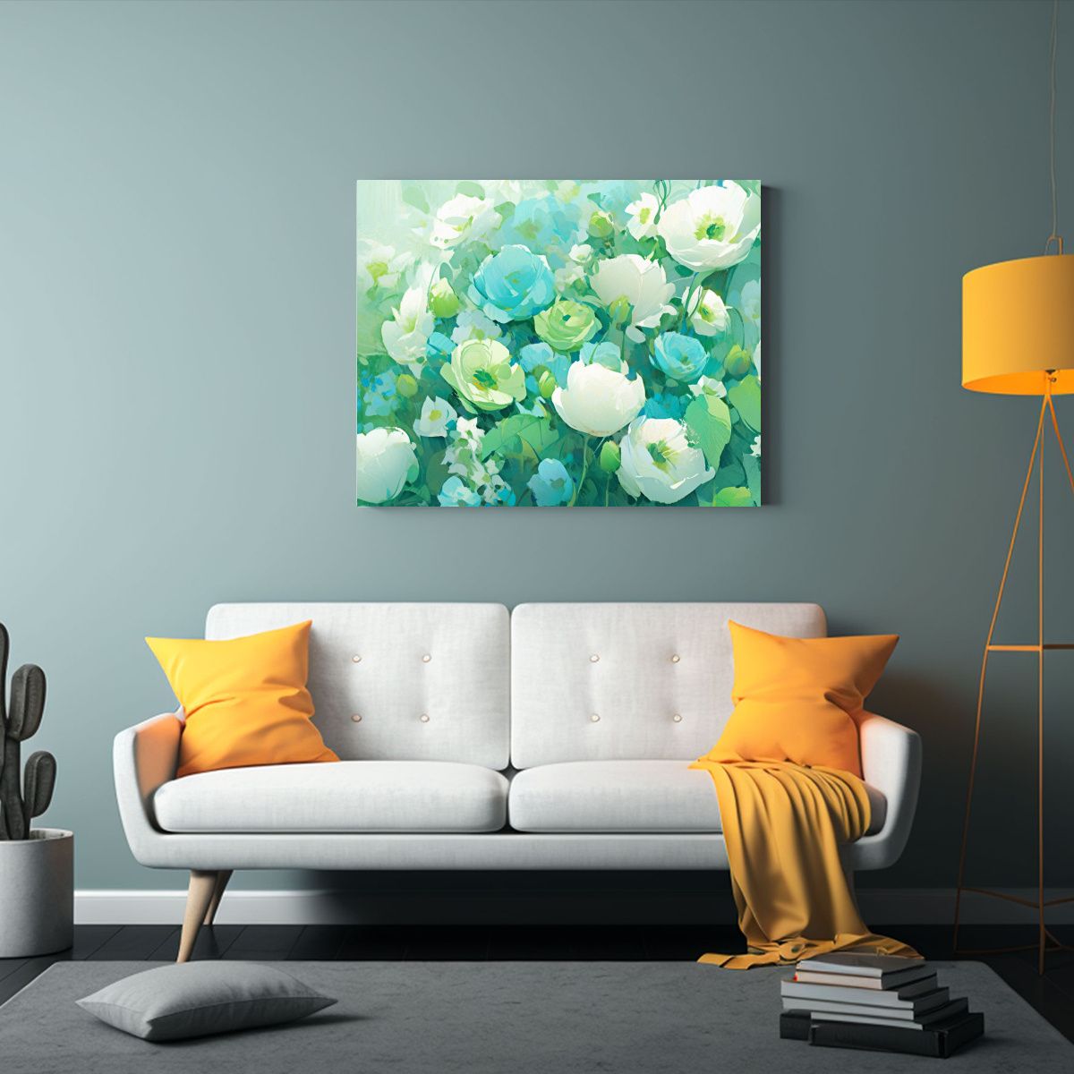 GENERICO - Cuadro De Flores Verde Y Cian En Tela Con Bastidor Impactan 120x80cm