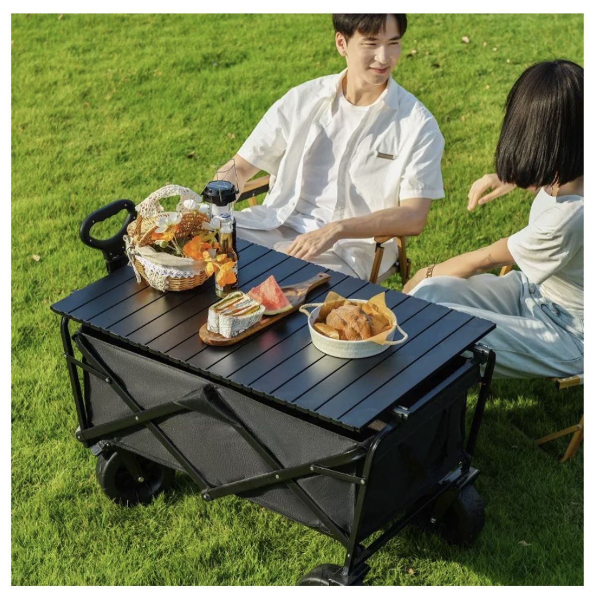 HOMER DESIGN - Carrito plegable para camping compra con freno porta vaso con mesita