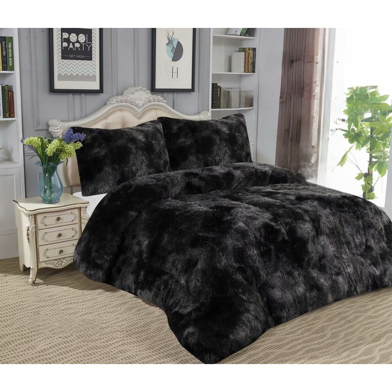 GENERICO - COBERTORES PELUDOS CAMA DE DOS PLAZAS COLOR NEGRO JASPEADO