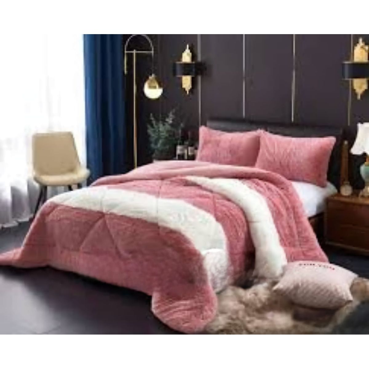 GENERICO - COBERTORES PELUDOS CAMA DE DOS PLAZAS BLANCO Y ROSA