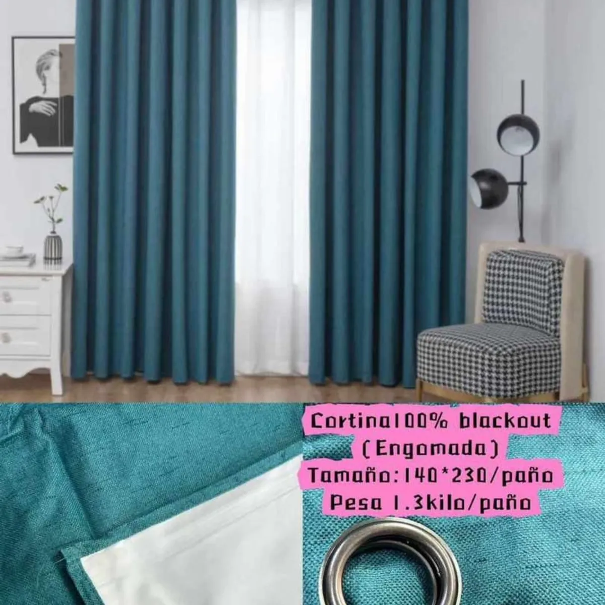 GENERICO - CORTINA 100% BLACKOUT TURQUESA ENGOMADA 2 LIENZO 140X230CM