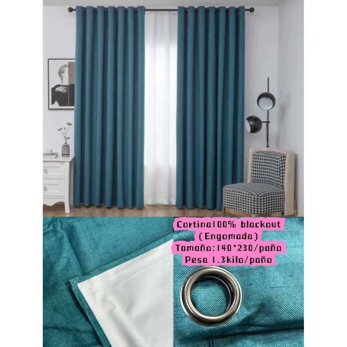 GENERICO - CORTINA 100% BLACKOUT TURQUESA ENGOMADA 2 LIENZO 140X230CM