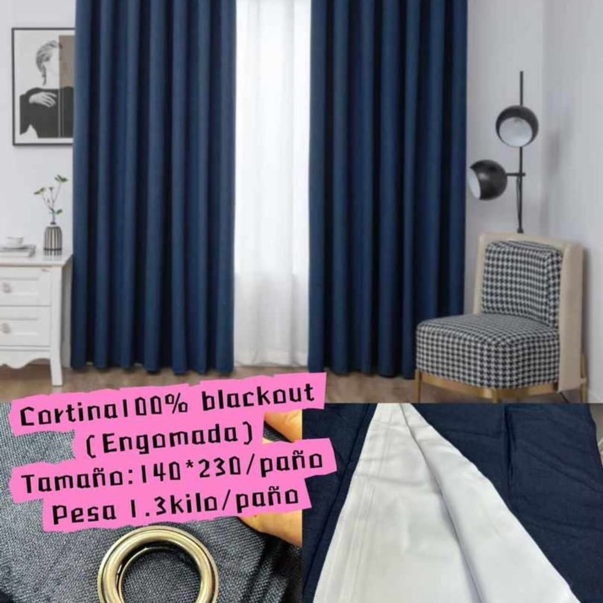 GENERICO - CORTINA 100% BLACKOUT AZUL MARINO ENGOMADA 2 LIENZO 140X230CM