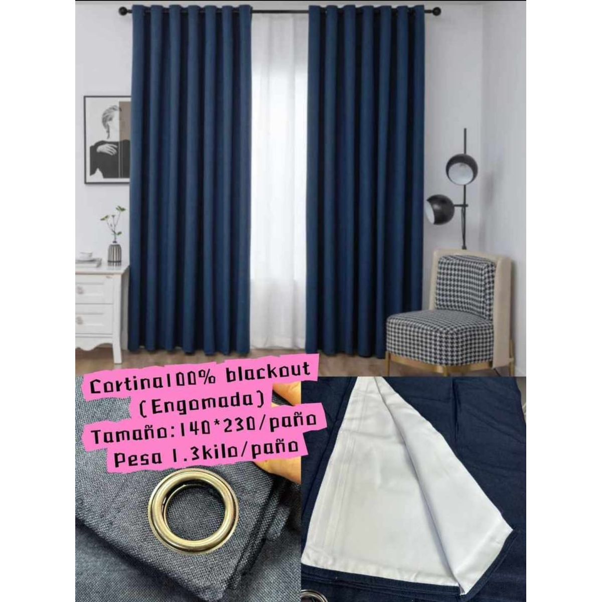 GENERICO - CORTINA 100% BLACKOUT AZUL MARINO ENGOMADA 2 LIENZO 140X230CM