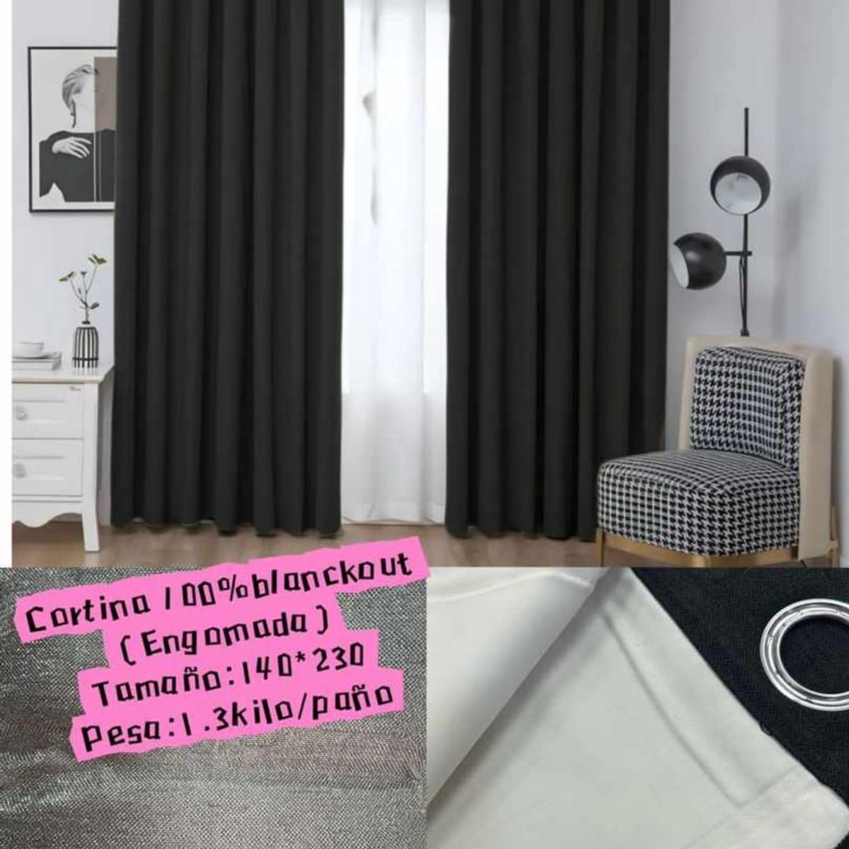 GENERICO - CORTINA 100% BLACKOUT NEGRO ENGOMADA 2 LIENZO 140X230CM