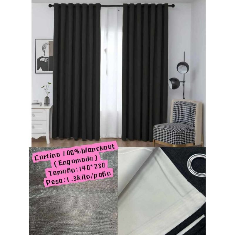 GENERICO - CORTINA 100% BLACKOUT NEGRO ENGOMADA 2 LIENZO 140X230CM