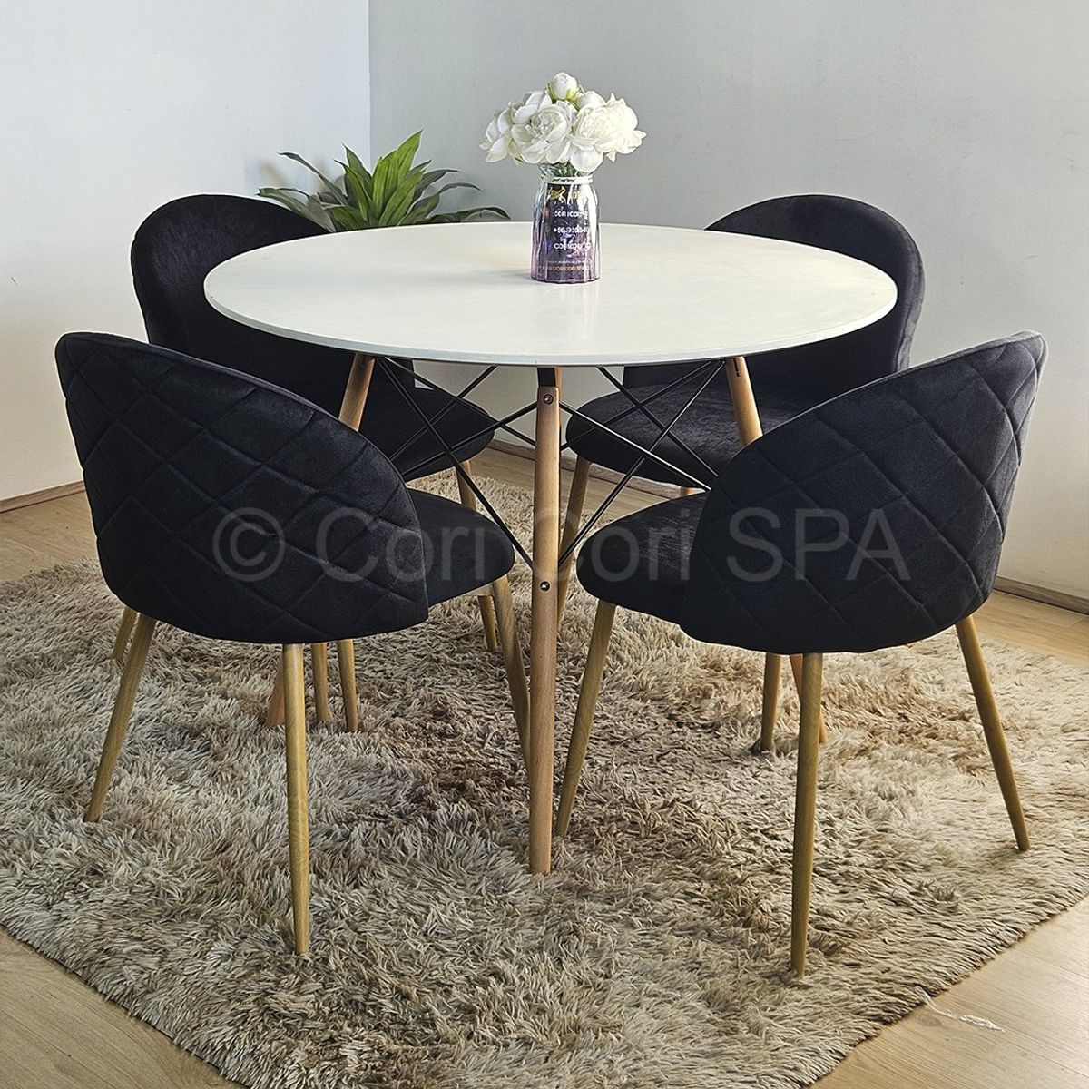 CORI CORI - Comedor Melamina Blanca 100cm + 4 Sillas Bread Wood Negro