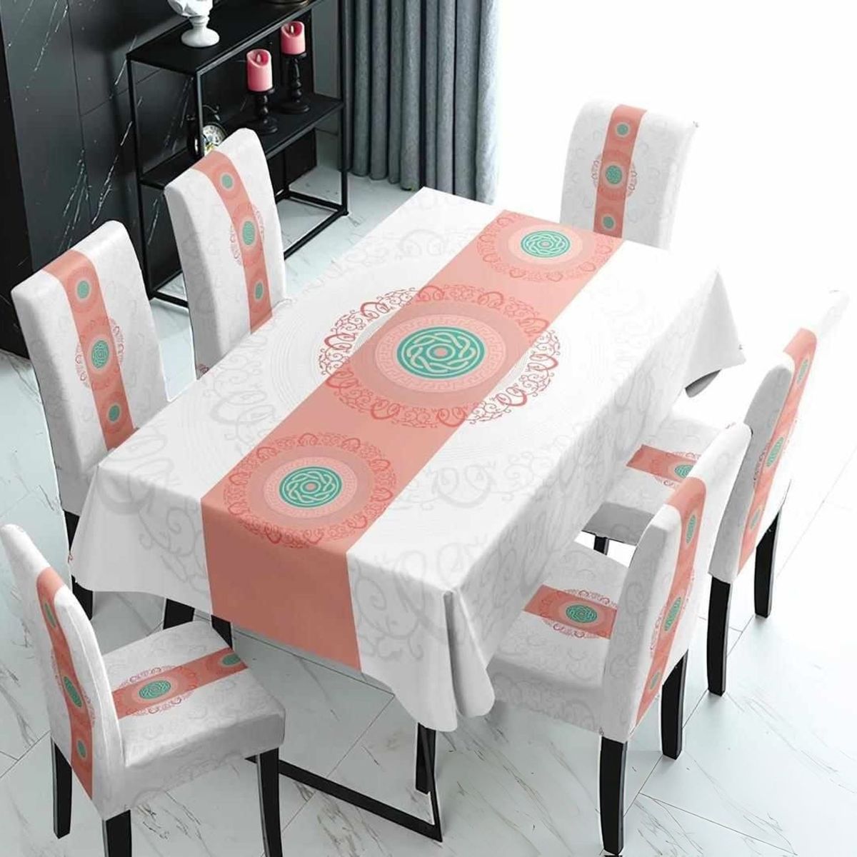 GENERICO - MANTEL IMPERNEABLE CON 6 FUNDAS SILLA DISEÑO ROSA TURQUESA WYN